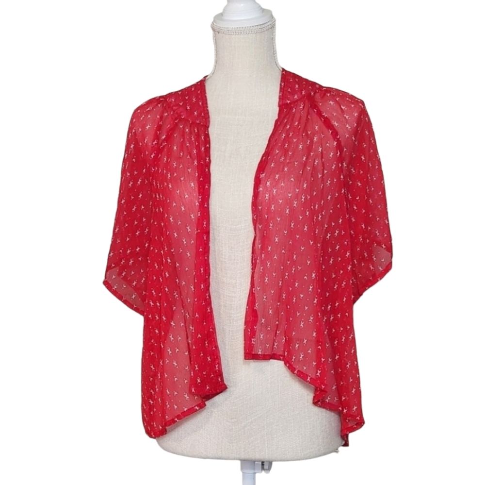 SO Junior Women Small Red Sheer Open Front Short Sleeve Cardigan Top